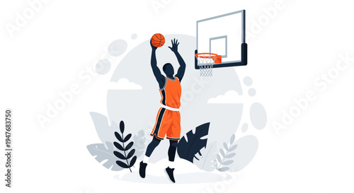 Basketball player jumping to score a basket during outdoor sport match