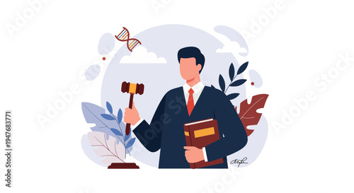 A Professional Judge Holding Gavel And Legal Book For Justice Court System Forensic DNA Law Concept Illustration