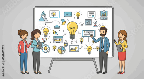 Team work on new idea plan on board with bulb and graph for group task