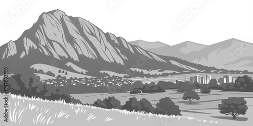 USA, US, U.S, United States - Boulder skyline with flatirons mountains monochrome panorama