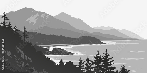 USA, US, U.S, United States - Juneau coastal skyline monochrome mountain panorama 