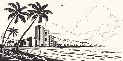 USA, US, U.S, United States - Honolulu tropical skyline monochrome ocean panorama