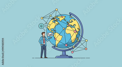 A man in suit near a big globe for a global business web plan map