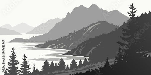 USA, US, U.S, United States - Juneau coastal skyline monochrome mountain panorama 