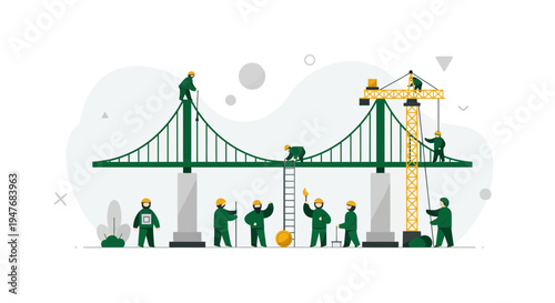 Professional construction workers in green uniforms building a giant suspension bridge with crane and industrial tools