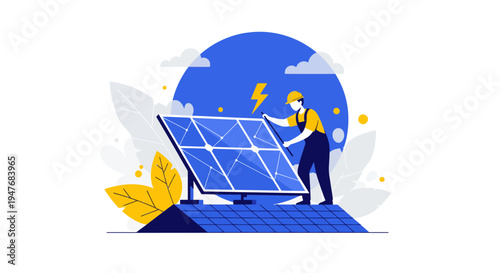 A man fix sun cell on roof for eco green power and clean home bio heat