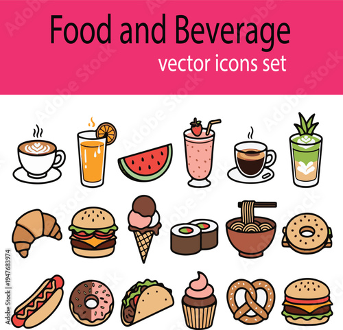 Food and Beverage Vector Icons Set with Coffee, Burger, Pizza, Sushi and Drinks