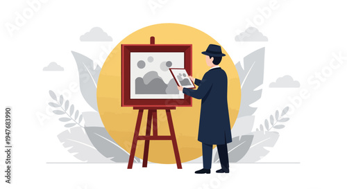 Man wearing hat and coat looking at art painting on easel with yellow sun and leaves vector illustration
