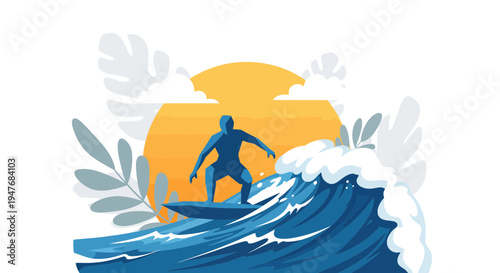Man surf on sea wave in sun with leaf and cloud art design blue style