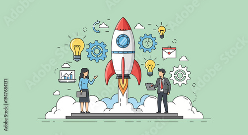 New startup business launch concept with rocket people idea light bulb gear success project plan work
