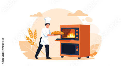 Male professional chef baker putting fresh handmade dough bread into a hot commercial oven in a local bakery kitchen