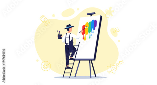 Art man paints big rainbow on a canvas with brush on a ladder for job