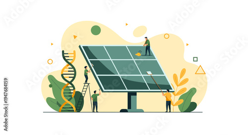 Men clean solar panels for green energy and sustainable life in flat art for better future