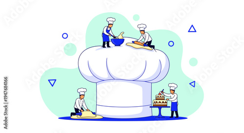 Tiny chefs work together to cook and bake food on a big white chef hat