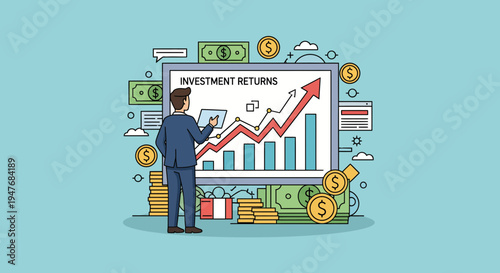 Businessman analyzing stock market data chart showing significant investment returns and financial growth with coins and currency