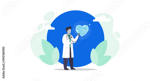 A doc with heart icon for med health care flat art in blue web work