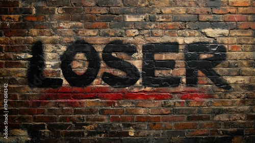 Black spray-painted word loser with red underline on weathered brick wall, gritty urban vandalism conveying hostility and derision