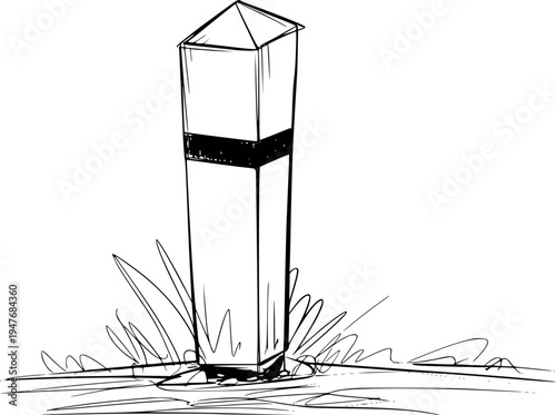 Hand drawn of a square post with a black band and grass a white background marker