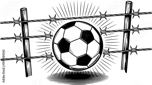 Soccer ball trapped behind barbed wire fence symbolizing restriction and confinement