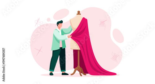 Male fashion designer working on a mannequin with pink fabric in a creative clothing design studio