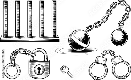 Vintage of prison bars padlock handcuffs ball and chain and key