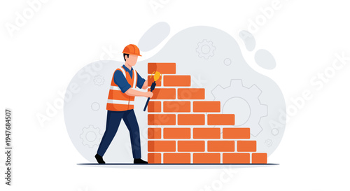 Professional male construction worker builder building red brick wall using trowel tool wearing safety gear helmet