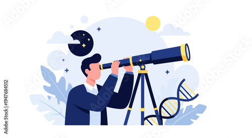 Man look at sky sun moon dna with tool for new idea and find more