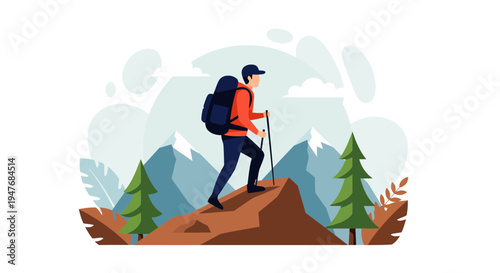 Man hiking hill with pack gear exploring nature outdoor wild adventure travel sport hobby active lifestyle