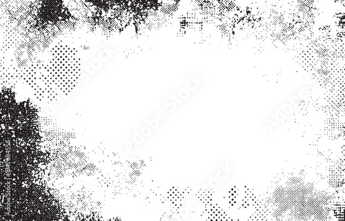 Distressed black and white grunge frame with halftone dot texture pattern