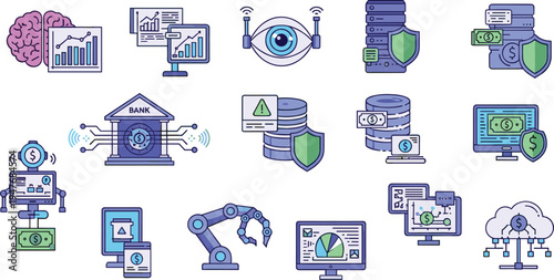AI Powered Financial Data Security and Banking Analytics Icon Set Featuring Artificial Intelligence Monitoring, Secure Databases, Automated Systems and Fintech Technology