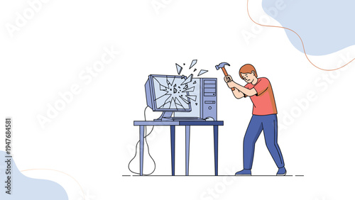 Frustrated man hitting a personal computer with a large metal hammer to express anger and technological stress in an office setting.