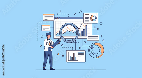 Professional business analyst examining financial data charts with a magnifying glass for market research and corporate growth strategy planning