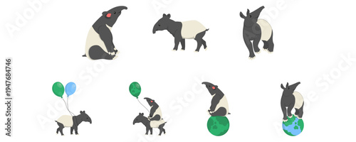 World tapir day illustration. Cute animal tapir character, mammal, wildlife vector isolated
