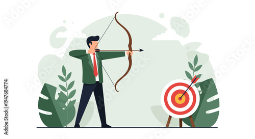 Man with bow and arrow hit the goal for work fast and well now today
