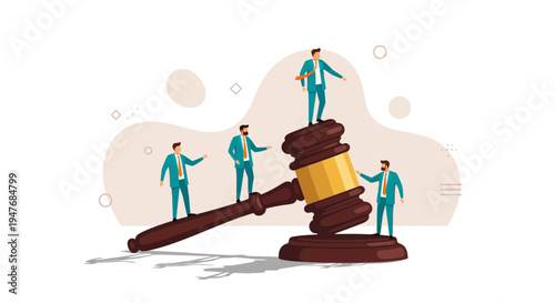 Small men in suit stand on a big law judge gavel for legal work and justice