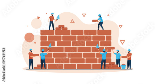 Team of men work hard to build a big new brick wall at site now