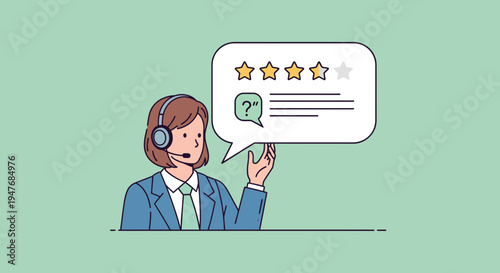 Woman customer service agent with headset for professional client help and star rating feedback business