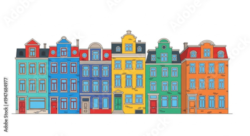 Colorful row of traditional Dutch canal houses illustration.