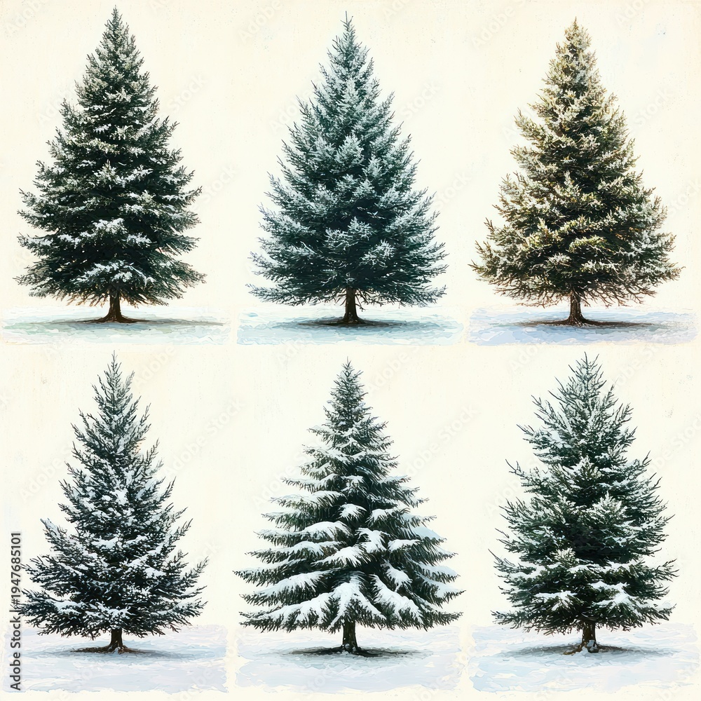 Obraz premium six snow-dusted evergreen trees arranged in two rows on a pale textured background, serene winter calm