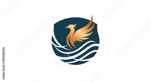 Golden Phoenix Rising from Waves Emblem.