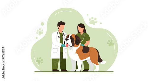 Male and female professional veterinarians providing medical care for a large Saint Bernard dog at the clinic