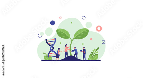 Scientists and researchers collaborate on plant genetic engineering for sustainable agricultural biotechnology and organic farming growth innovation