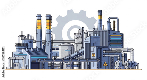 Industrial Factory with Large Gear Symbol in Background.