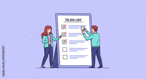 A man and a woman work to do a task list on big board sign