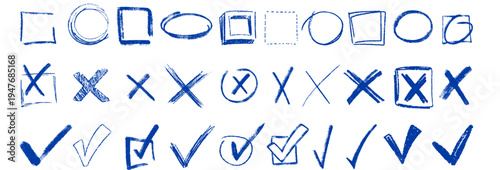 A collection of hand drawn shapes and checkmarks on a white background