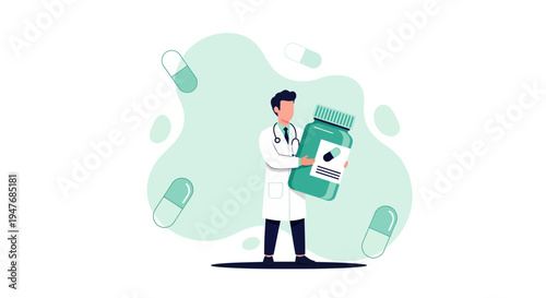 Male doctor hold big drug jar for med care shop staff help aid work life