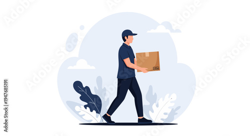 Delivery man in blue uniform carrying cardboard box parcel to deliver it to a customer fast