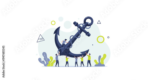 Teamwork tiny people lift large heavy ship anchor for strength stability success and business goals