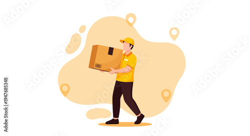 Delivery courier man in yellow uniform carries box for fast shipping logistics work service today