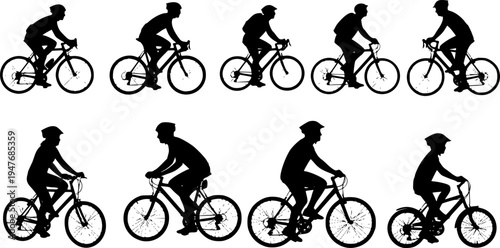 set of silhouettes of people riding bicycle. cyclist side view. isolated on a background